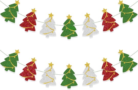 Greentek; Christmas Tree Banner Garland Decorations Pre-Strung Xmas Hanging Banner Set Glitter Cardstock Christmas Party Decor for Home Fireplace Wall Mantel Holiday Celebration; Category:Banners; Image:1